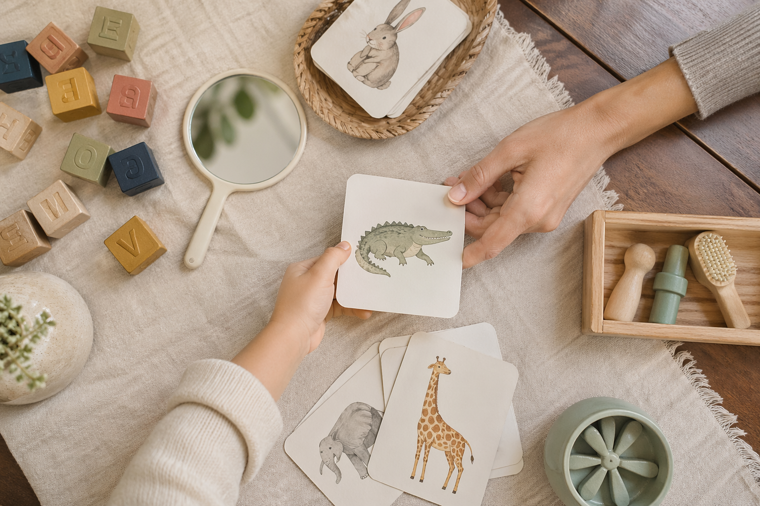 Speech therapy materials — picture cards and blocks laid out on a table.