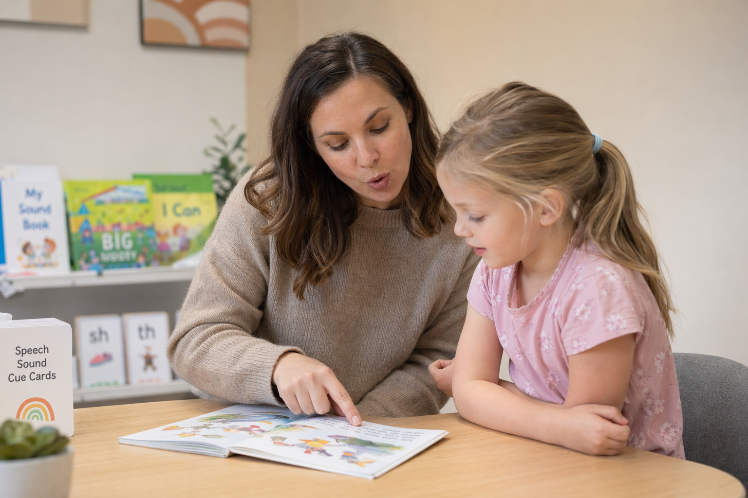 A young child reading a storybook with a speech pathologist at a desk.