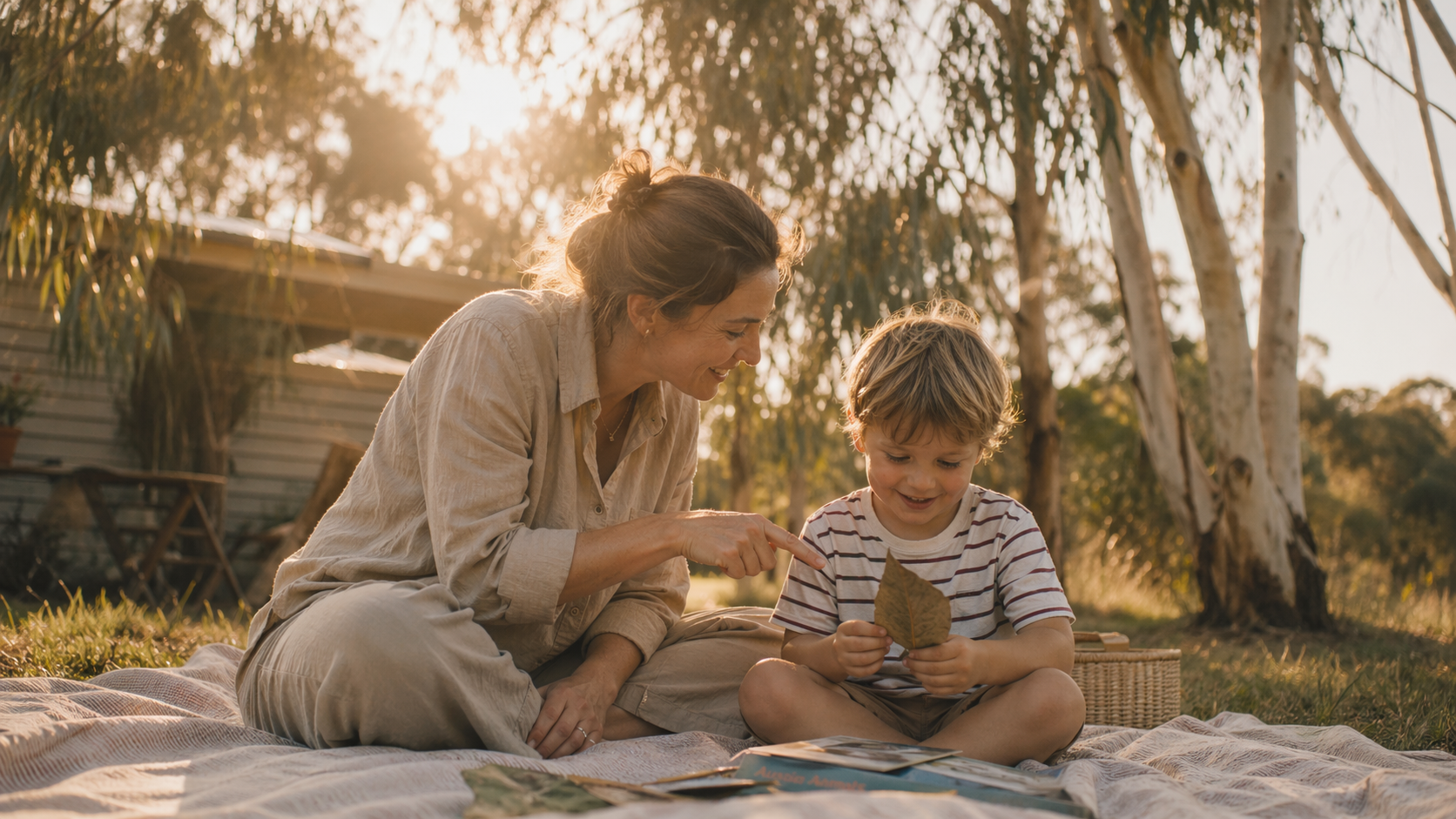 A speech pathologist working with a young child outdoors in warm afternoon light.